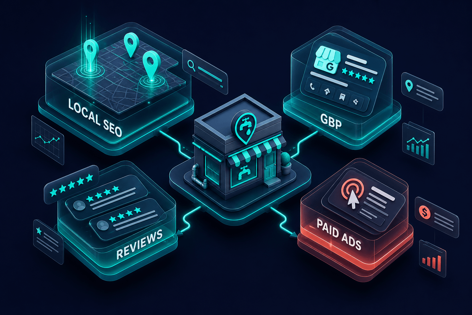 Conceptual 3D illustration of a plumbing marketing blueprint showing interconnected local visibility, lead capture, and review channels