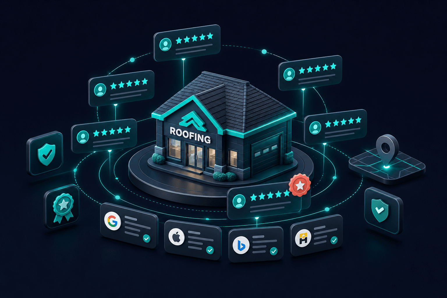 3D illustration of orbiting 5-star review clusters around a central roofing storefront icon with trust badges