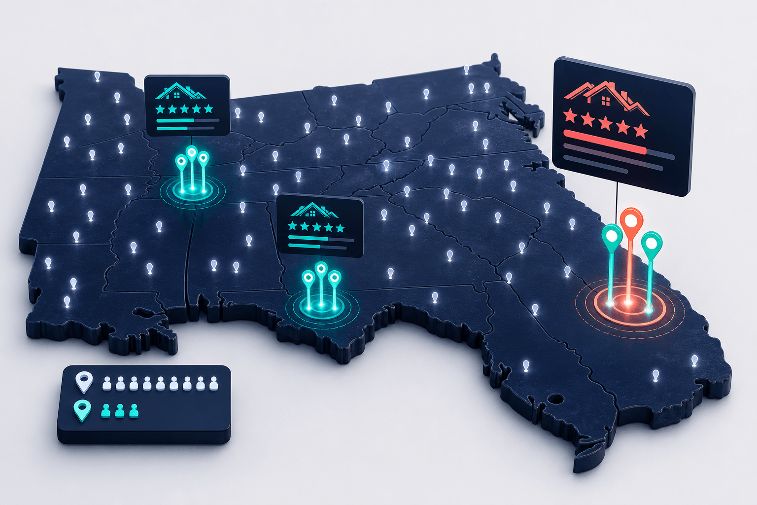 Isometric 3D visualization of the competitive roofing market with numerous glowing pins on a regional map versus optimized local clusters