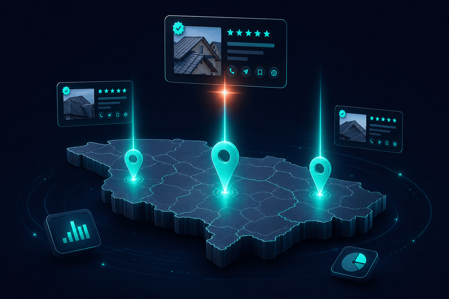 Floating 3D regional map with glowing teal pins and local search result cards for roofing services