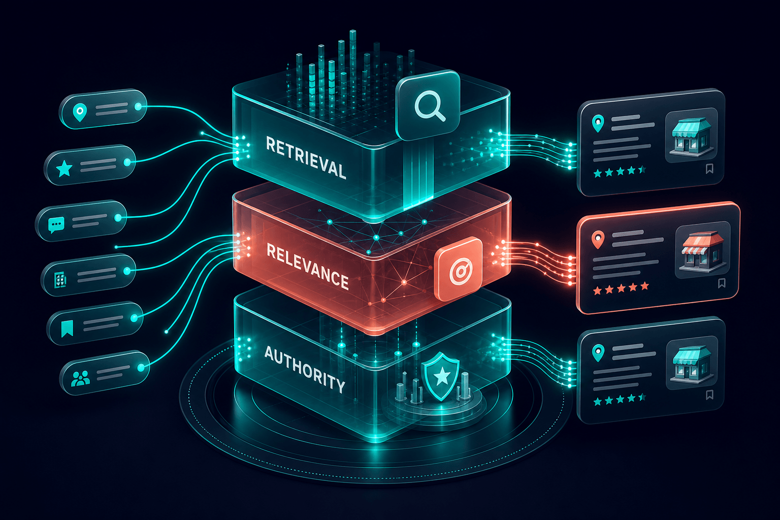 Conceptual 3D illustration of local SEO ranking pipeline for roofing search terms with floating result cards