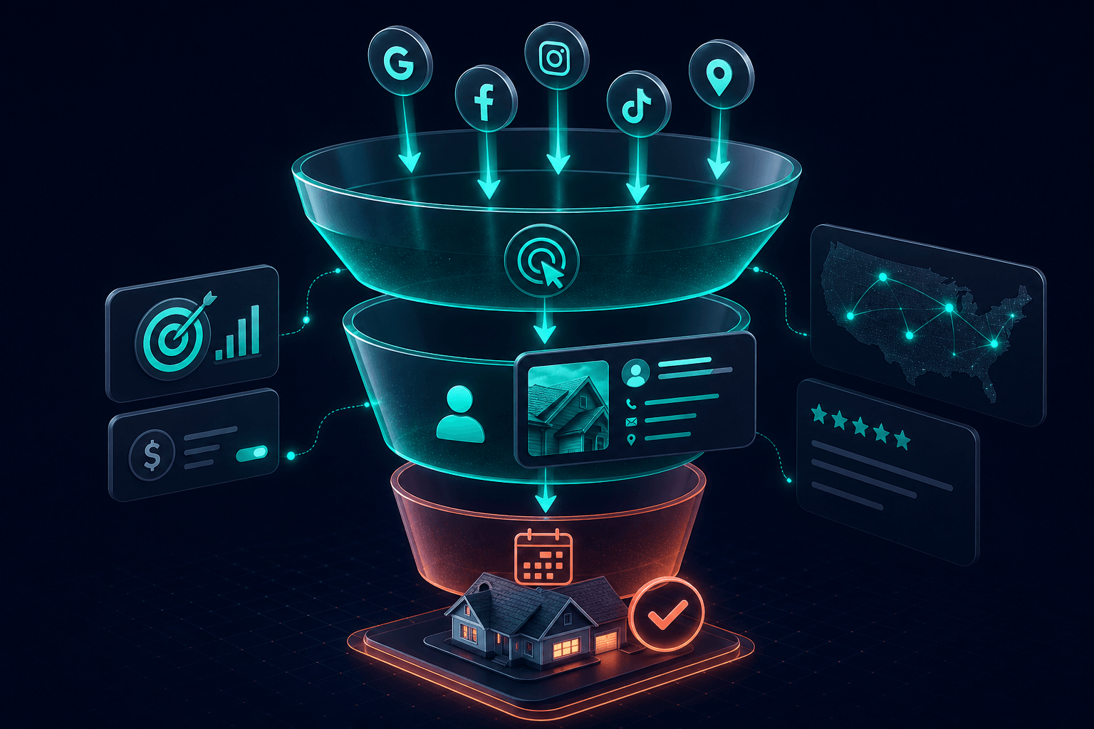 Isometric 3D marketing funnel showing paid ad traffic flowing into qualified roofing leads and booked jobs