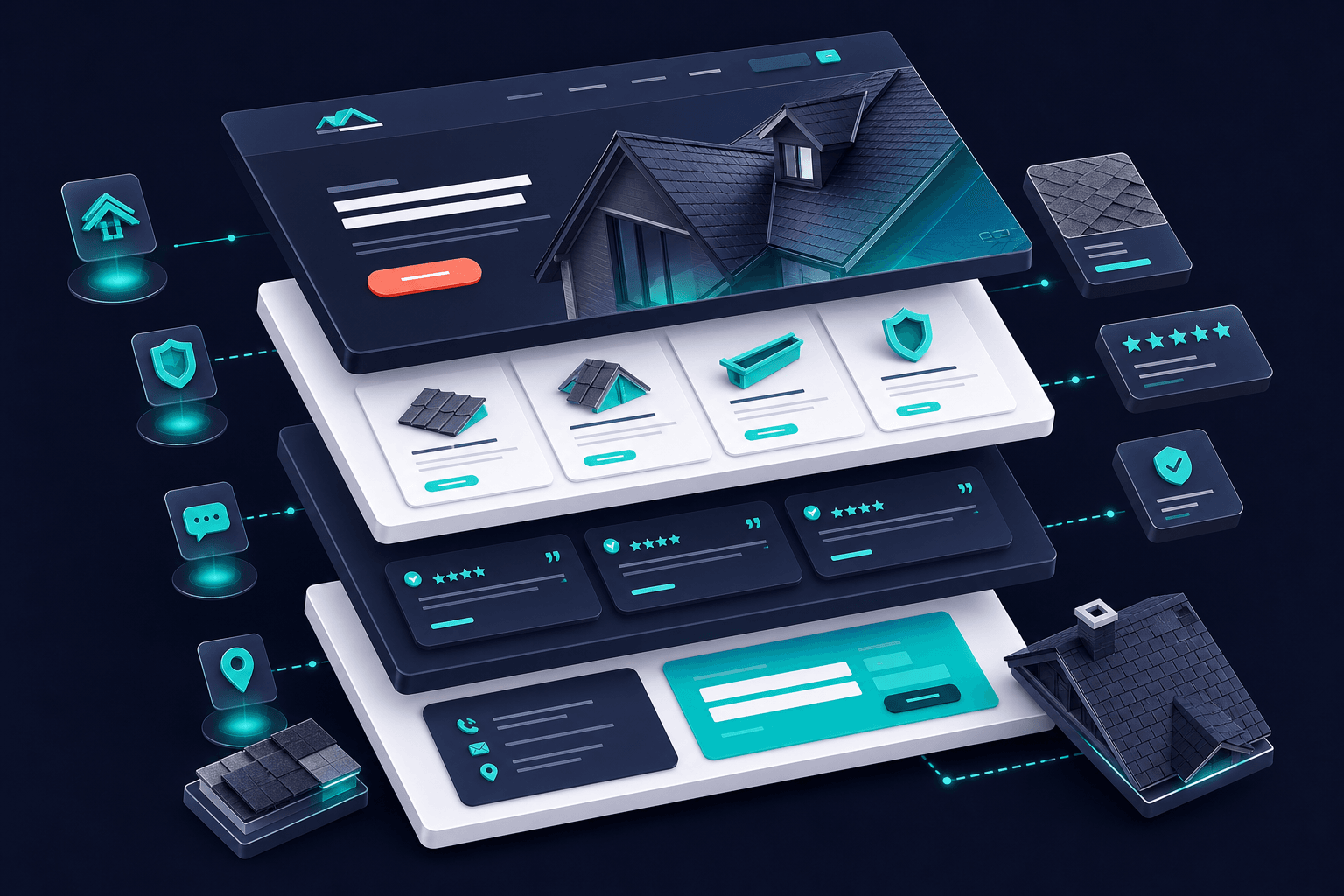 Exploded isometric view of a roofing website architecture with layered pages and prominent call-to-action elements