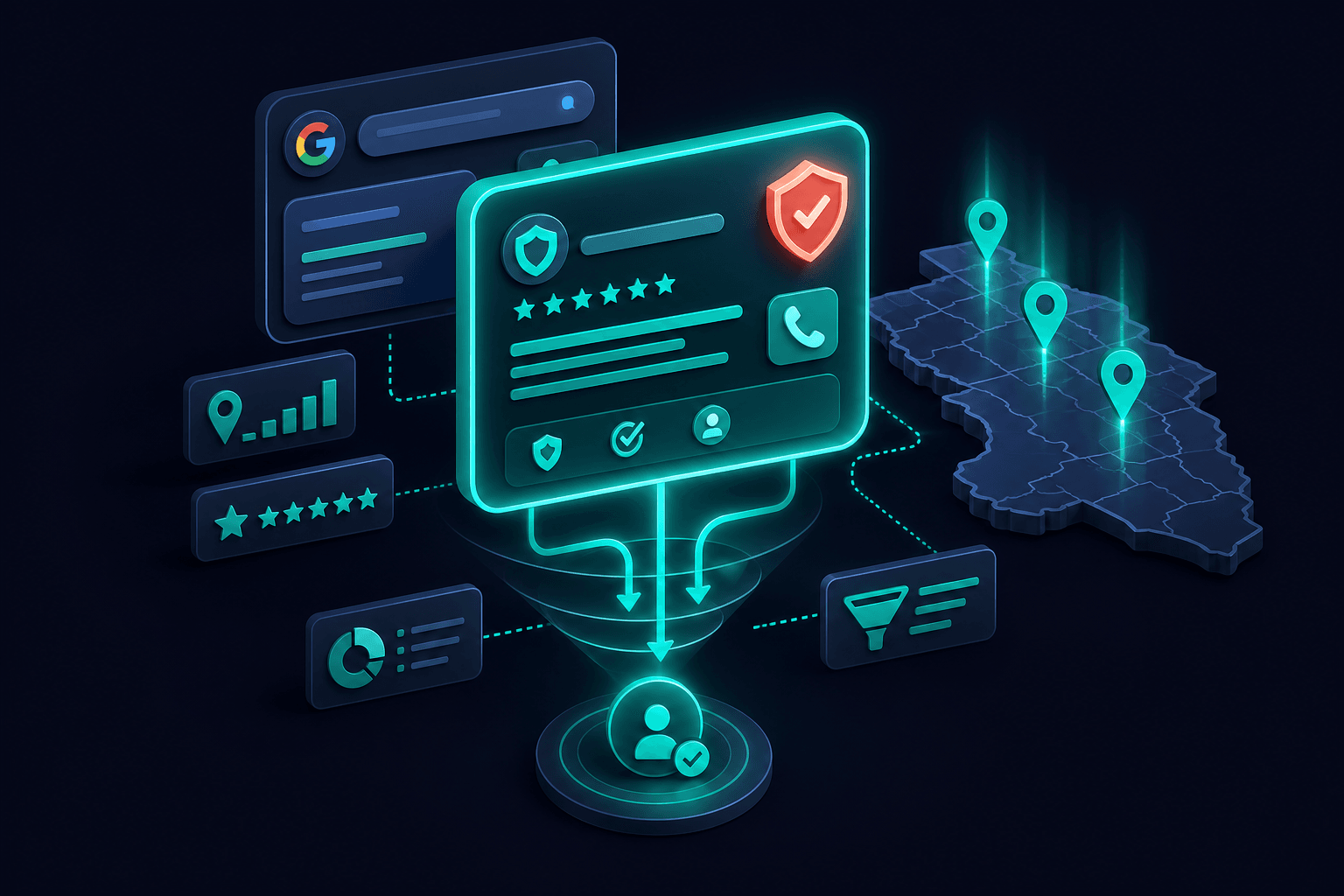 Conceptual 3D illustration of paid acquisition channels prioritized for Florida service businesses with LSA and search ads highlighted