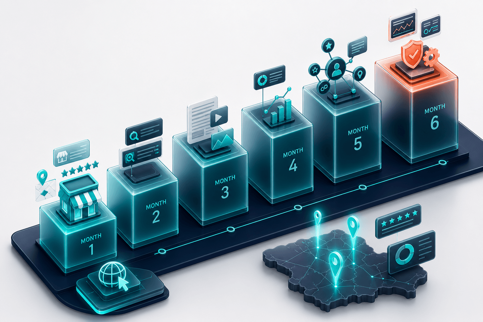 Isometric 3D illustration of phased marketing budget rollout sequence for a new Florida service business
