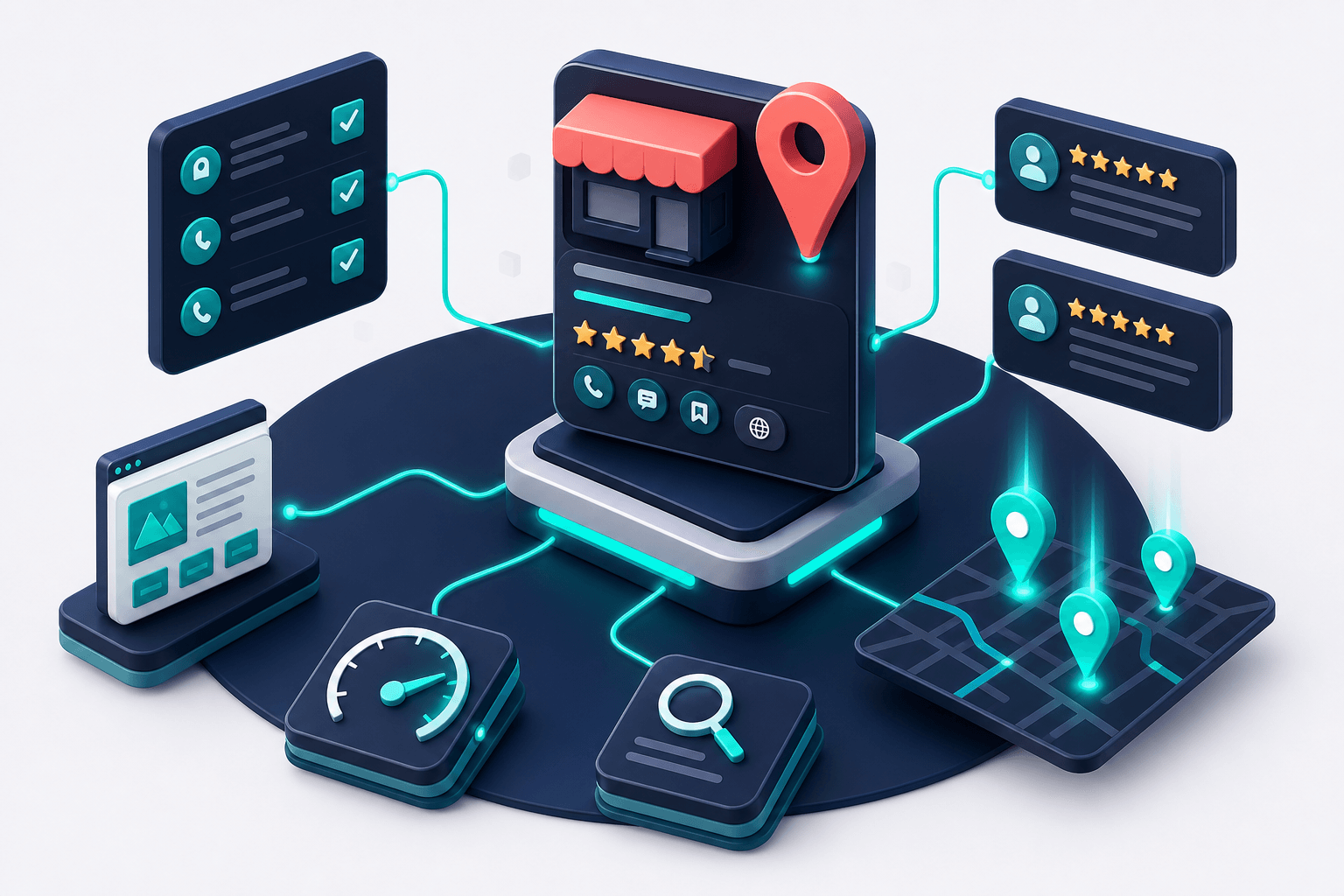 Isometric 3D visualization of Tier 1 foundation marketing budget components including GBP, on-site SEO, and reviews for local service businesses