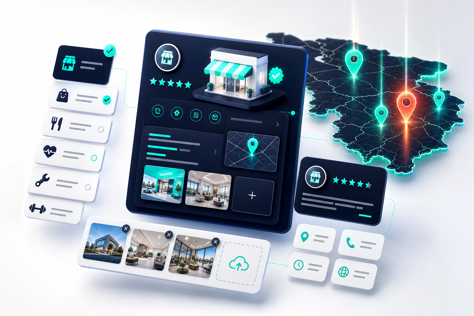 Isometric 3D illustration of a glowing Google Business Profile interface with floating category cards, service area map pins, and photo upload elements arranged in tiered depth on a soft off-white background with navy and teal accents