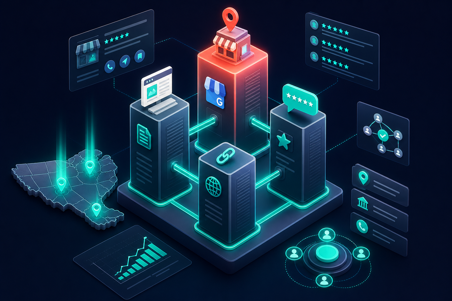 Isometric 3D illustration of four interconnected pillars representing Google Business Profile, on-site content, reviews, and citations with teal accents on a navy background