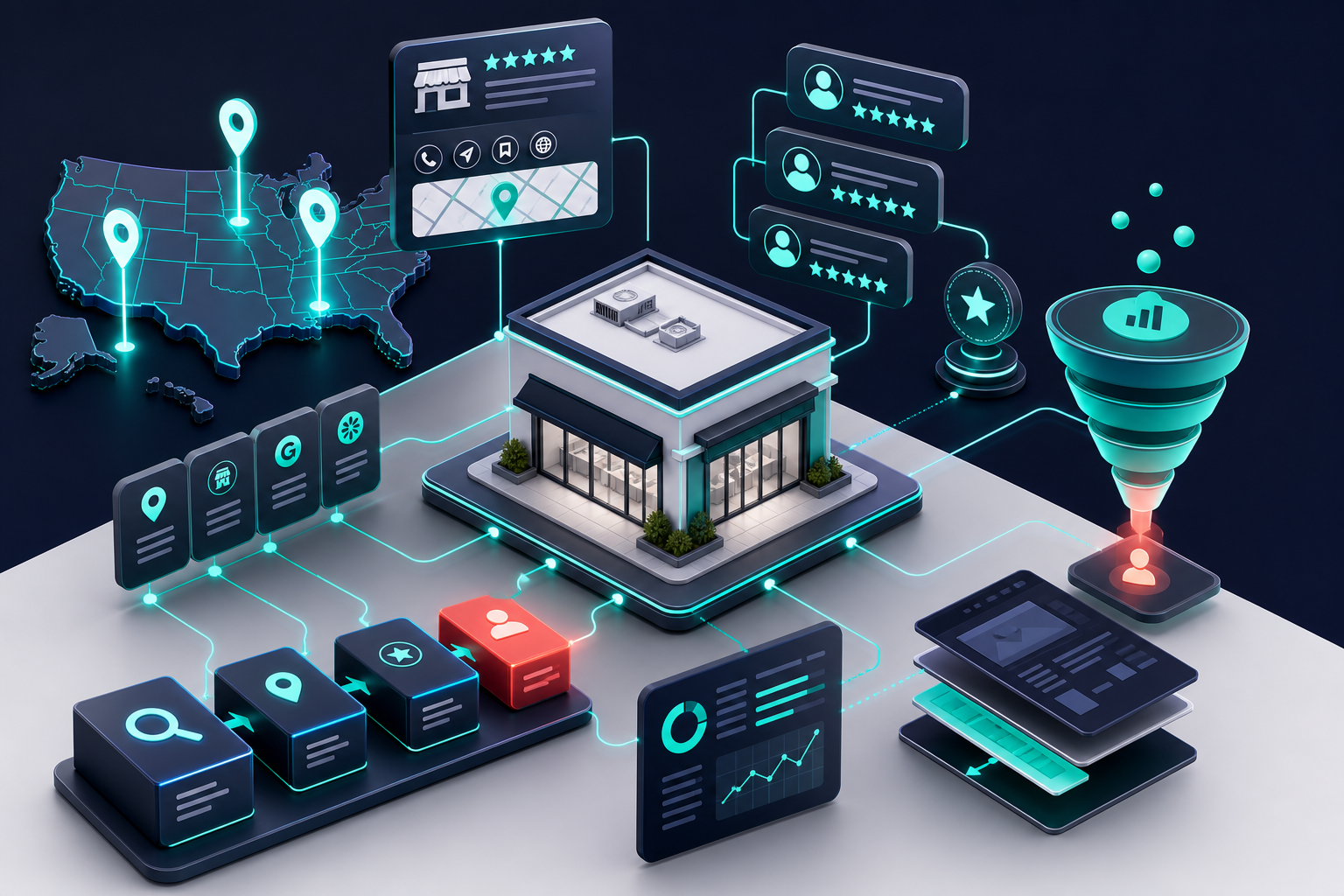 Premium conceptual illustration of a national roofing marketing strategy with layered digital channels